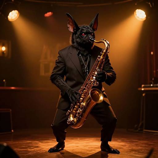 Photograph of a black-furred, anthropomorphic bat in a black suit, playing a golden saxophone on a dimly lit stage with warm,
