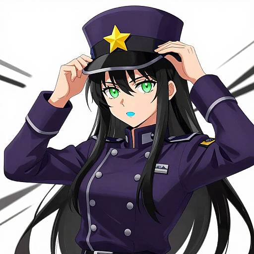 Digital anime-style drawing of a green-eyed, black-haired girl in a navy police uniform with a star on her hat, adjusting it with both hands.