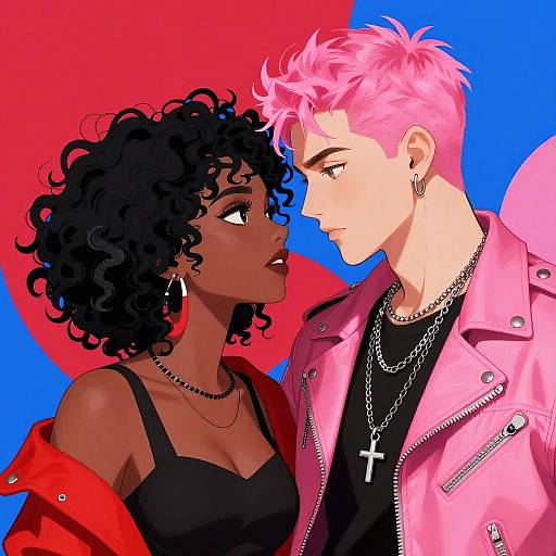 Digital anime-style artwork of a dark-skinned woman with curly black hair, wearing a red jacket and black top, and a light-skinned man with