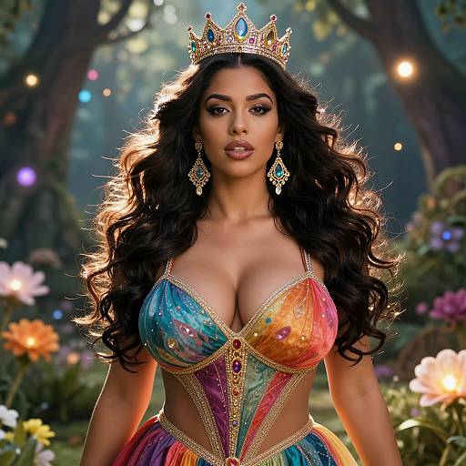 Digital artwork of a voluptuous woman with long, wavy black hair, wearing a colorful, sequined, low-cut dress and gold crown, standing