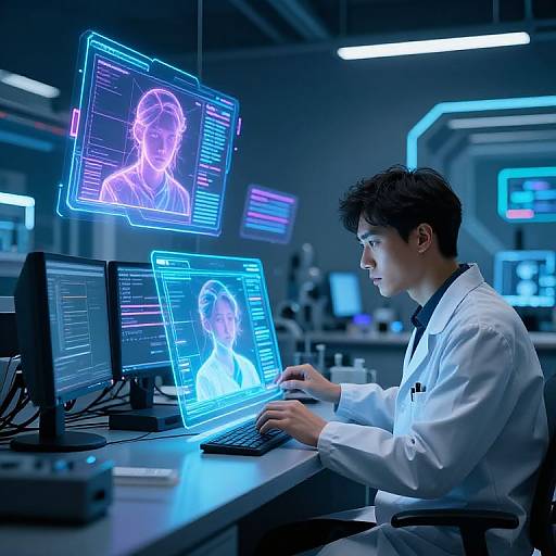 Photograph of a young man in a white lab coat, working in a futuristic lab with glowing neon holographic screens displaying a blue-hued female avatar