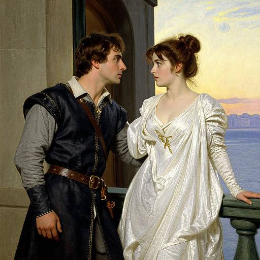 Digital painting of a medieval couple; man in dark vest, woman in white gown, sunset over water, romantic gaze, stone archway.