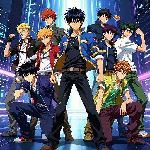 Anime-style group photo of eight male characters with diverse hair colors and outfits, standing in a futuristic neon-lit cityscape.