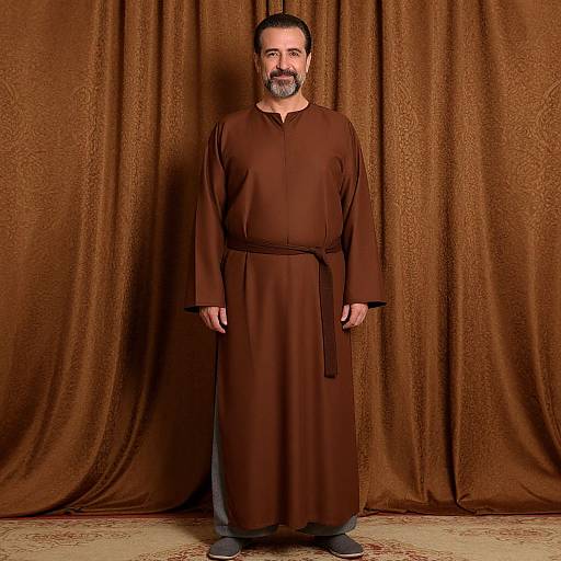 Photograph of middle-aged man with dark hair and beard, wearing a brown, long-sleeved, belted robe, standing against a brown,