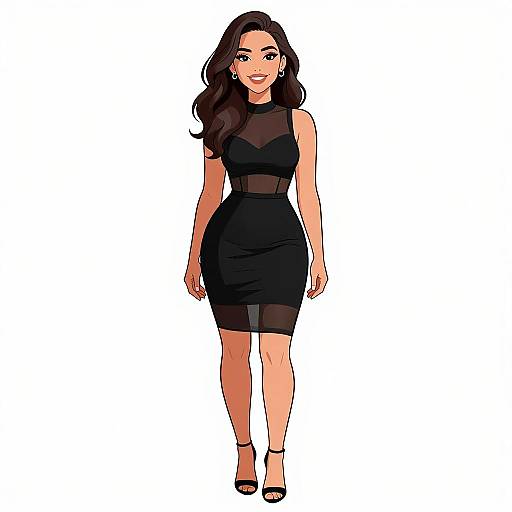 Digital illustration of a smiling woman with wavy dark hair, wearing a black sleeveless dress with sheer panels, black heels, and earrings, standing against