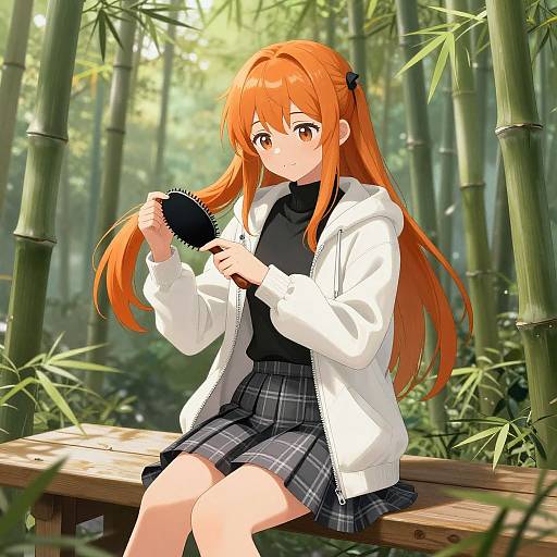 Anime-style digital drawing of a cute, orange-haired girl with long hair, wearing a white jacket and plaid skirt, sitting on a wooden bench in