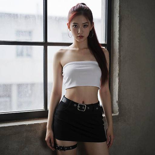 Photograph of an Asian woman with long red hair, wearing a white strapless crop top and black high-waisted shorts with a belt, standing