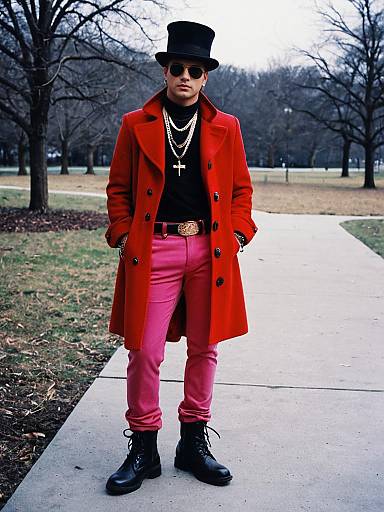 Stylish man in red coat and pink pants with top hat