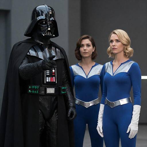Darth Vader and Women in Blue Superhero Costumes