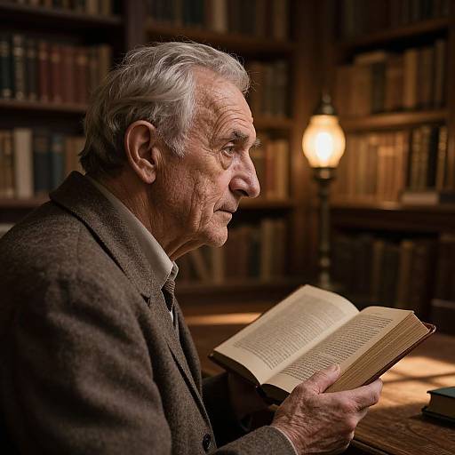 Photograph of an elderly man with white hair, wearing a brown tweed jacket, intensely reading an open book in a dimly lit library with wooden