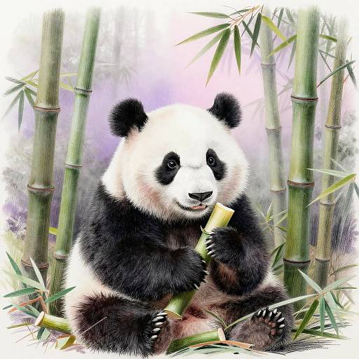 Digital illustration of a cute, black-and-white panda sitting in a bamboo forest, eating a green bamboo stalk with a content expression.