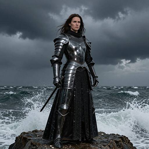 Photograph of a fierce, dark-haired woman in shiny black medieval armor standing on rocky shore with turbulent waves and stormy sky.