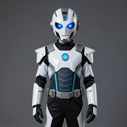 Photograph of a person wearing a futuristic white and black sci-fi suit with glowing blue eyes and chest emblem, set against a gray background.