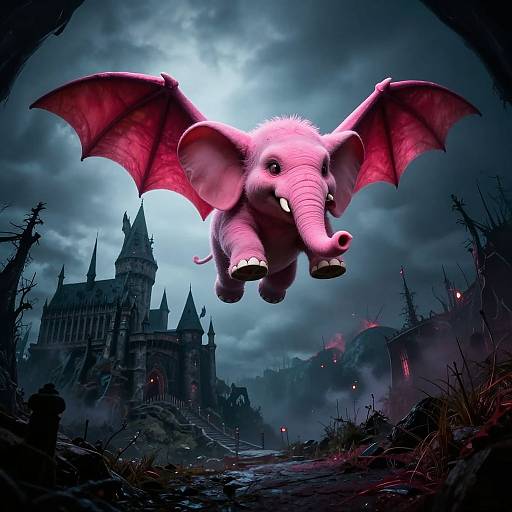 Digital artwork of a pink, bat-winged, flying elephant with large tusks over a dark, gothic castle landscape under a stormy sky.