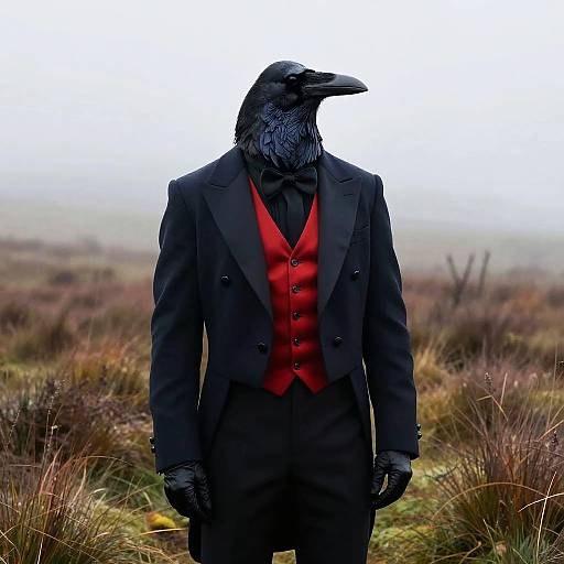Photograph of a black crow-headed figure in a black suit with a red vest and black tie, standing in a foggy, grassy field.