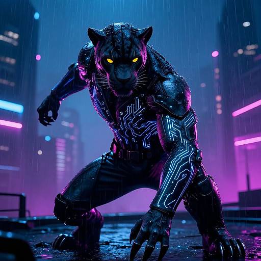 Cybernetic werewolf with glowing yellow eyes, rain-soaked, neon-lit cityscape, crouching in an aggressive stance. Digital