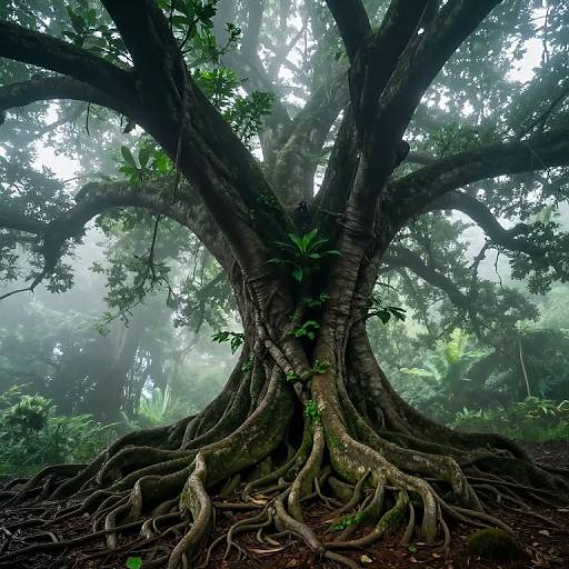 Photograph of a massive, ancient tree with thick, gnarled roots and sprawling branches in a misty, dense forest. Green leaves and fog