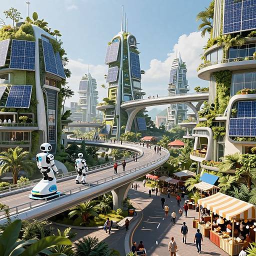 Digital art of a futuristic city with towering green buildings, solar panels, elevated walkways, and robotic figures. Lush greenery, pedestrians, and