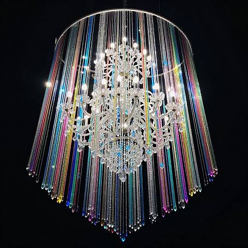 Photograph of a modern chandelier with a large, intricate white crystal design, surrounded by multicolored, glowing, hanging wires against a black background