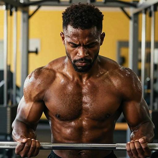 Photograph of a muscular, dark-skinned Black man with short curly hair, sweating, intensely focusing on a weightlifting bar in a yellow-walled