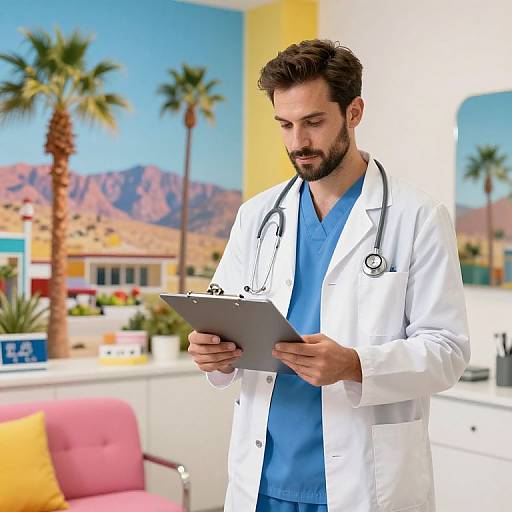 Photograph of a bearded male doctor with dark hair, wearing a white coat over blue scrubs, holding a clipboard, standing in a bright,
