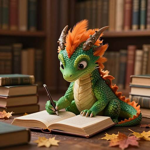 A CGI dragon with green scales, orange spines, and horns, writing in an open book in a library, surrounded by stacked books and autumn leaves