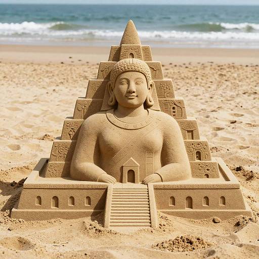 Photograph of a detailed sand sculpture of a serene-faced woman with an Egyptian-style pyramid headpiece, temple base, and central staircase on a sandy beach