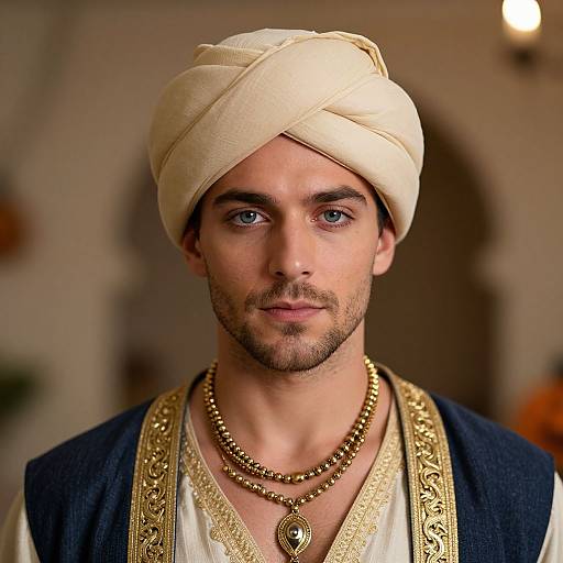 Photograph of a handsome man with blue eyes, light beard, wearing a cream turban, gold necklace, and ornate blue and white robe.
