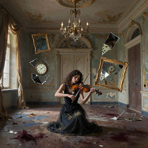 Melancholy Violinist in Ruined Rococo Ballroom