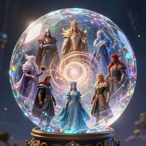 Photorealistic digital artwork of a crystal orb containing seven fantasy armored figures with crowns, glowing in a dark, magical background.