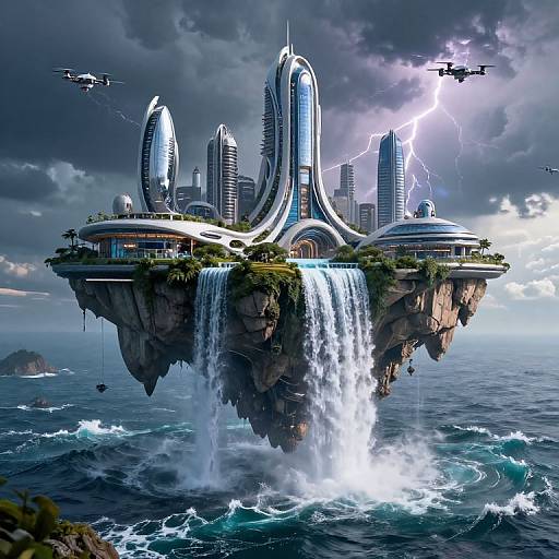 Digital artwork of a futuristic, floating city with sleek skyscrapers, cascading waterfall, lightning strikes, two flying drones, and stormy sky over