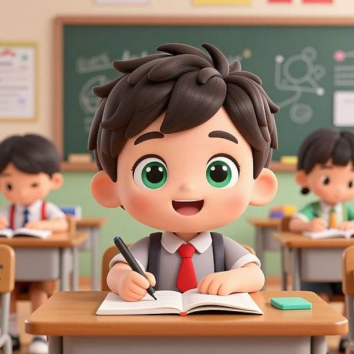 CGI cartoon of a cute, smiling boy with green eyes and black hair, writing in a notebook at a classroom desk.