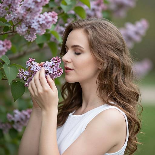 Photograph of a young woman with wavy brown hair, wearing a white sleeveless top, gently smelling lilac flowers in a lush, green garden