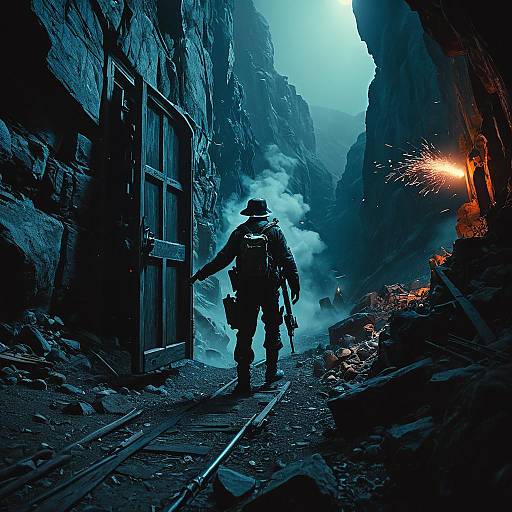 Armed Explorer in Misty Canyon at Night