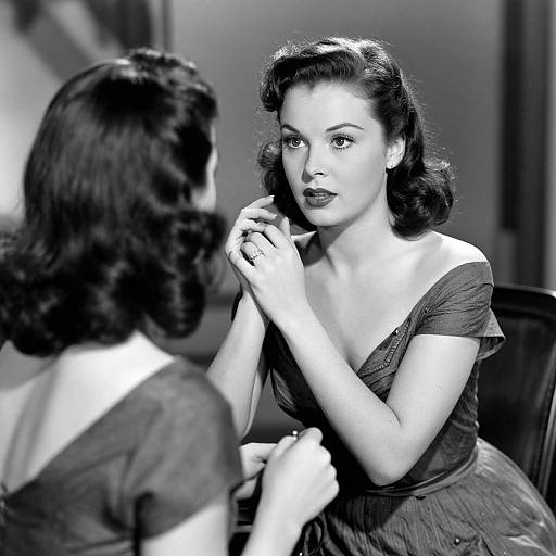Black-and-white photograph of 1940s-style woman with dark, wavy hair, applying dark lipstick in front of mirror, wearing off-should