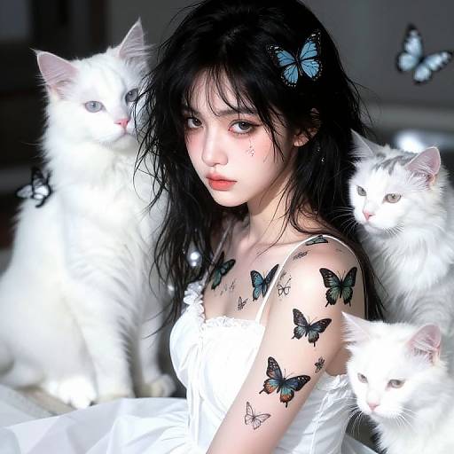Digital artwork of an Asian woman with black hair, blue butterfly hairpin, and butterfly tattoos, surrounded by glowing white cats.