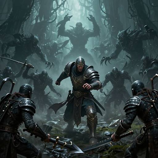 Digital fantasy artwork of armored warrior leading comrades against dark, clawed monsters in misty forest. Swords raised, intense battle scene.