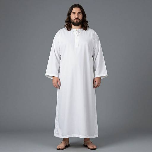 Photograph of a bearded man with long dark hair, wearing a white long robe and brown sandals, standing against a gray background.