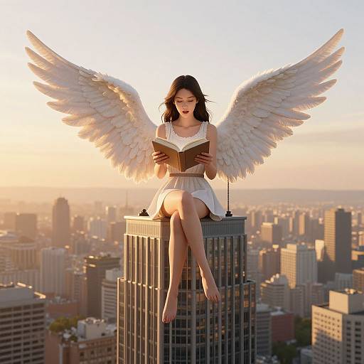 Angel with white wings, dark hair, reading book, sitting on skyscraper rooftop, cityscape background, golden sunset, serene expression.