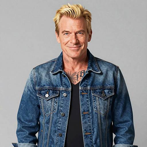 Blonde Man in Blue Denim Jacket with Tattoos