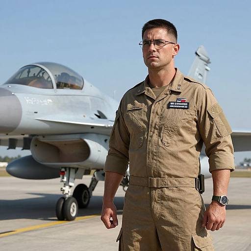Photograph of a serious, short-haired, glasses-wearing male Air Force pilot in tan flight suit standing in front of a parked gray jet on a