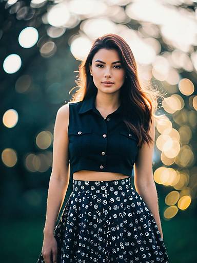 Young woman in black sleeveless top and patterned skirt