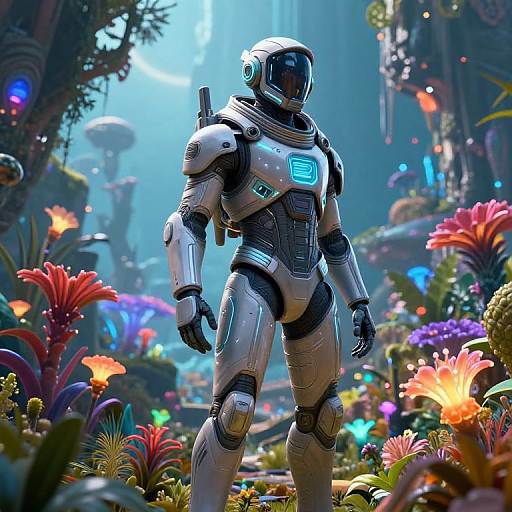 CGI image of a futuristic astronaut in white armor with glowing blue accents, standing in a vibrant, alien garden with colorful flowers and lush foliage under a