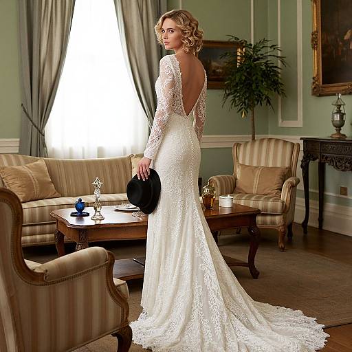 Photograph of a blonde woman in a lace, long-sleeve, backless white wedding dress, standing in a elegant living room with striped sofas