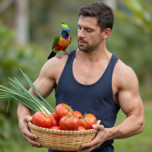 Muscular Man with Tropical Bird and Basket