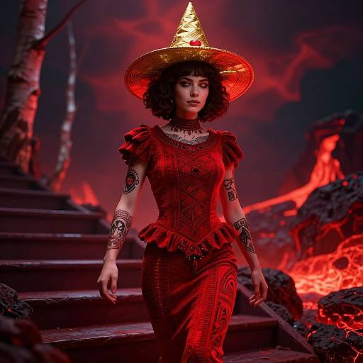 Photograph-style CGI of a dark-haired woman in a red, textured dress and gold hat, with arm tattoos, descending fiery, volcanic steps.