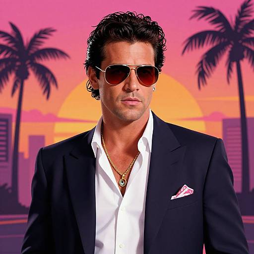 Photograph of a handsome man with dark curly hair, wearing sunglasses, black suit, white shirt, gold necklace, pink pocket square, against a vibrant