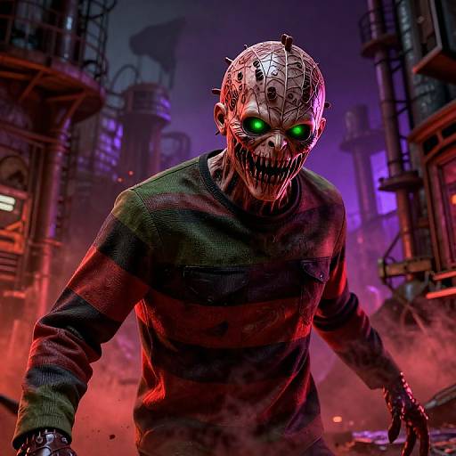 Photorealistic CGI of a grotesque, skeletal zombie with glowing green eyes, wearing a tattered black sweater, in a neon-lit, industrial