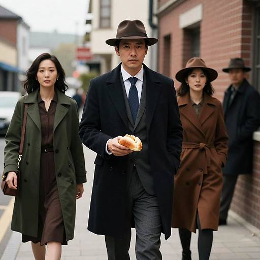Photograph of a serious Asian man in a black suit and hat, holding a donut, walking on a city sidewalk with two women in coats and