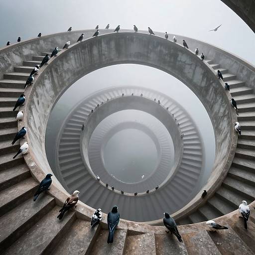 Photograph of a spiral concrete staircase viewed from below, with birds and people walking along the steps, creating a mesmerizing circular pattern.